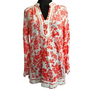 Malvin Hambury Germany Med Floral Coral and White Tunic Top 100% Linen